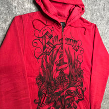 Load image into Gallery viewer, Billabong Red Gothic Sword & Eagle Grunge Drawstring Hoodie, Size Medium