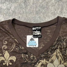 Load image into Gallery viewer, Gothic Fleur De Lis Angel Wing Brown Grunge Long Sleeved Rhinestone Top, Size M