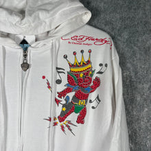 Load image into Gallery viewer, Vintage Ed Hardy Rhinestone Zip Hoodie White Graphic Tattoo Style – Size L