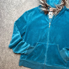 Load image into Gallery viewer, Juicy Couture Blue Velour Y2K Reworked Faux Fur Hoodie, Size S