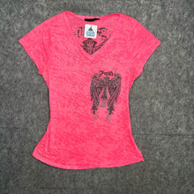 Load image into Gallery viewer, Faith Pink Diamante Cross With Wings Devore V-Neck Grunge Top