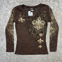 Load image into Gallery viewer, Gothic Fleur De Lis Angel Wing Brown Grunge Long Sleeved Rhinestone Top, Size M