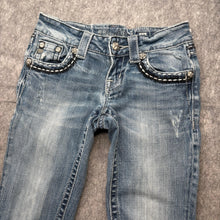 Load image into Gallery viewer, Miss Me Embroidered Big Stitch Diamante Logo Distressed Skinny Jeans, Waist 23