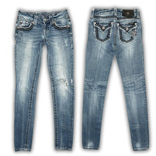 Load image into Gallery viewer, Miss Me Embroidered Big Stitch Diamante Logo Distressed Skinny Jeans, Waist 23