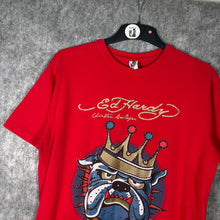 Load image into Gallery viewer, Ed Hardy Bulldog Crown Graphic Tee Red Rhinestone Y2K T-Shirt L