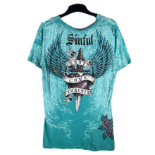 Load image into Gallery viewer, Sinful Graphic Winged Dagger Roses Tee Turquoise Distressed Style Size XL