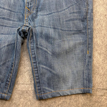 Load image into Gallery viewer, True Religion Mid Wash Embroidered Leather Logo Distressed Jorts, Waist