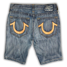 Load image into Gallery viewer, True Religion Mid Wash Embroidered Leather Logo Distressed Jorts, Waist