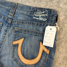 Load image into Gallery viewer, True Religion Mid Wash Embroidered Leather Logo Distressed Jorts, Waist