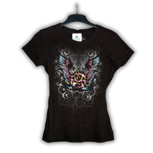 Load image into Gallery viewer, Fame And Fortune Pink & Blue Rose with Wings Grunge Graphic Top, Size M