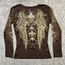 Load image into Gallery viewer, Gothic Fleur De Lis Angel Wing Brown Grunge Long Sleeved Rhinestone Top, Size M