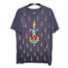 Load image into Gallery viewer, Christian Audigier Y2K Tattoo Style Dagger in Rose & Crest Graphic Top, Size L