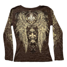 Load image into Gallery viewer, Gothic Fleur De Lis Angel Wing Brown Grunge Long Sleeved Rhinestone Top, Size M