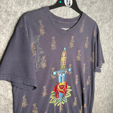 Load image into Gallery viewer, Christian Audigier Y2K Tattoo Style Dagger in Rose & Crest Graphic Top, Size L