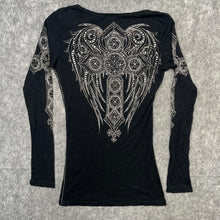 Load image into Gallery viewer, Vocal Rhinestone Mcbling Y2K Angel Wing Gothic Cross Long Sleeved Top,XS