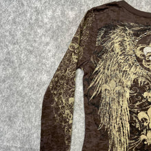 Load image into Gallery viewer, Gothic Fleur De Lis Angel Wing Brown Grunge Long Sleeved Rhinestone Top, Size M