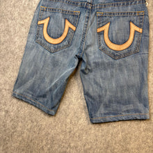 Load image into Gallery viewer, True Religion Mid Wash Embroidered Leather Logo Distressed Jorts, Waist
