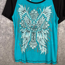 Load image into Gallery viewer, Liberty Wear Turquoise Cross Graphic Angel Wings Top Tee XL Y2K Aesthetic