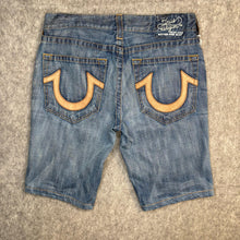 Load image into Gallery viewer, True Religion Mid Wash Embroidered Leather Logo Distressed Jorts, Waist