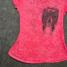 Load image into Gallery viewer, Faith Pink Diamante Cross With Wings Devore V-Neck Grunge Top