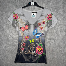 Load image into Gallery viewer, Christian Audigier Grey Butterfly Y2K Floral 2000s Top, Size L