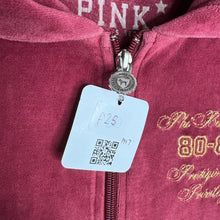 Load image into Gallery viewer, Pink Victoria Secret Velour Burgundy Y2K Mcbling Zip Up Hoodie, Size Small