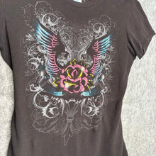 Load image into Gallery viewer, Fame And Fortune Pink & Blue Rose with Wings Grunge Graphic Top, Size M