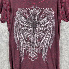 Load image into Gallery viewer, Y2K Maurices Burgundy Wing Graphic Tee Distressed Detail Women’s Size XL
