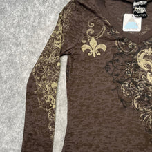 Load image into Gallery viewer, Gothic Fleur De Lis Angel Wing Brown Grunge Long Sleeved Rhinestone Top, Size M