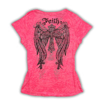 Load image into Gallery viewer, Faith Pink Diamante Cross With Wings Devore V-Neck Grunge Top