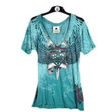 Load image into Gallery viewer, Sinful Graphic Winged Dagger Roses Tee Turquoise Distressed Style Size XL