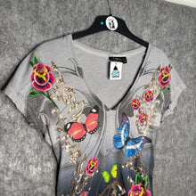 Load image into Gallery viewer, Christian Audigier Grey Butterfly Y2K Floral 2000s Top, Size L