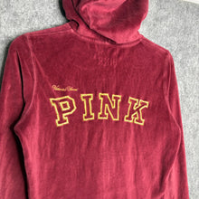 Load image into Gallery viewer, Pink Victoria Secret Velour Burgundy Y2K Mcbling Zip Up Hoodie, Size Small