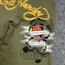 Load image into Gallery viewer, Ed Hardy Khaki Tattoo Y2K Flared Joggers, Size XL