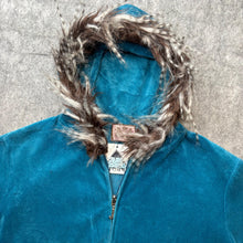 Load image into Gallery viewer, Juicy Couture Blue Velour Y2K Reworked Faux Fur Hoodie, Size S