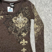 Load image into Gallery viewer, Gothic Fleur De Lis Angel Wing Brown Grunge Long Sleeved Rhinestone Top, Size M