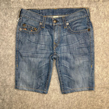 Load image into Gallery viewer, True Religion Mid Wash Embroidered Leather Logo Distressed Jorts, Waist