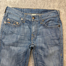 Load image into Gallery viewer, True Religion Mid Wash Embroidered Leather Logo Distressed Jorts, Waist