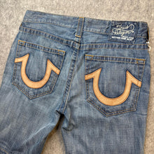 Load image into Gallery viewer, True Religion Mid Wash Embroidered Leather Logo Distressed Jorts, Waist