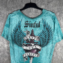 Load image into Gallery viewer, Sinful Graphic Winged Dagger Roses Tee Turquoise Distressed Style Size XL