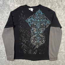 Load image into Gallery viewer, Gothic Cross Long Sleeved Y2K Grunge Black Blue, Size XL