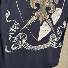 Load image into Gallery viewer, Attitude Gold Navy Fleur De Lis Shield Y2K Gothic Top, Size L