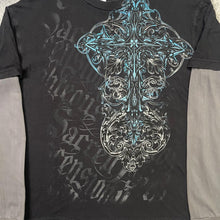 Load image into Gallery viewer, Gothic Cross Long Sleeved Y2K Grunge Black Blue, Size XL