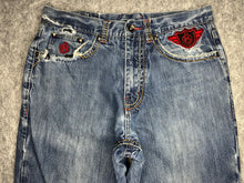Load image into Gallery viewer, Eight 732 Embroidered Y2K 2000’s Hip Hop Blue Wash ‘Born Rider’ Jeans 36W 34L
