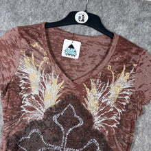 Load image into Gallery viewer, Rock 47 by Wrangler Y2K Mcbling Sequin Cross Brown Burnout Top Size Small
