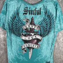 Load image into Gallery viewer, Sinful Graphic Winged Dagger Roses Tee Turquoise Distressed Style Size XL