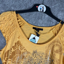 Load image into Gallery viewer, Style & Co Yellow Graphic Rhinestone Top Boho Paisley Tee – Estimated M
