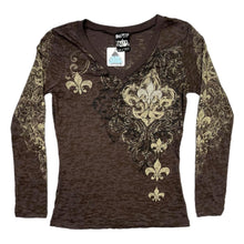 Load image into Gallery viewer, Gothic Fleur De Lis Angel Wing Brown Grunge Long Sleeved Rhinestone Top, Size M