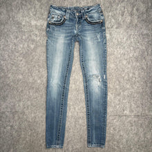 Load image into Gallery viewer, Miss Me Embroidered Big Stitch Diamante Logo Distressed Skinny Jeans, Waist 23