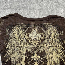 Load image into Gallery viewer, Gothic Fleur De Lis Angel Wing Brown Grunge Long Sleeved Rhinestone Top, Size M